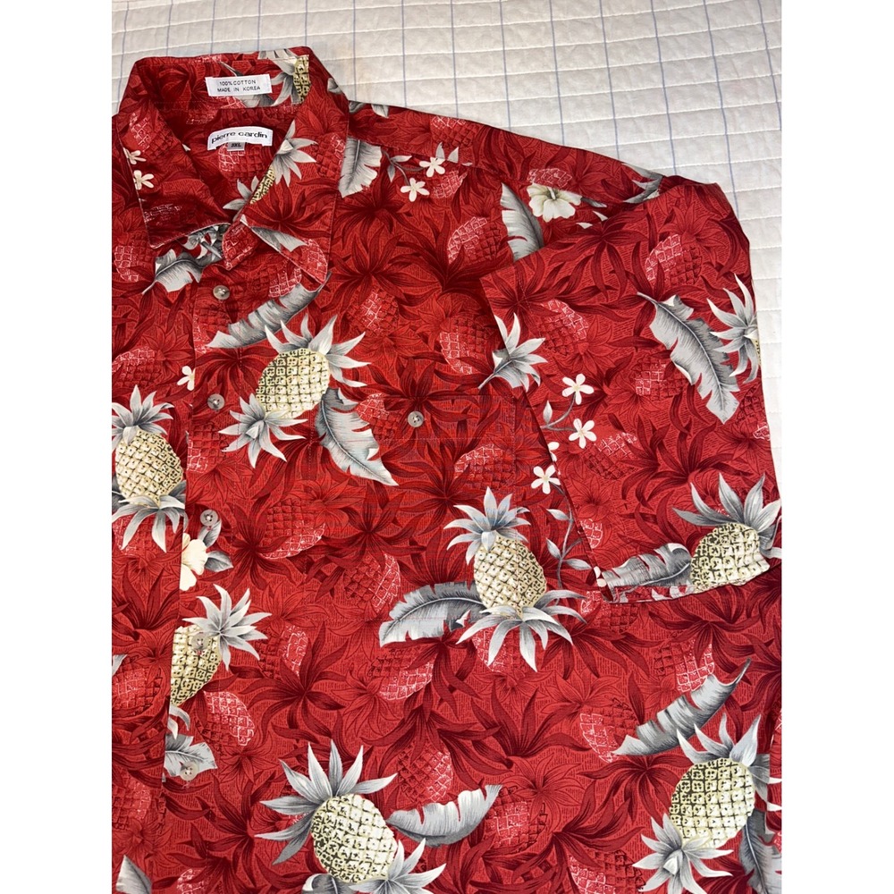Pierre Cardin Mens 3XL Red Pineapple Tropical Print Cotton Button Down Shirt